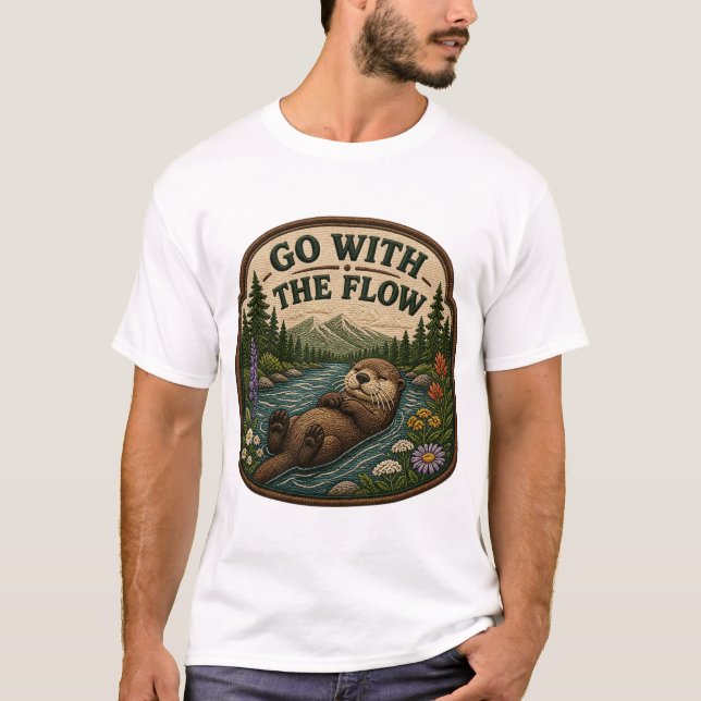 Go With The Flow Otter Embroidered Patch T-Shirt (Front)