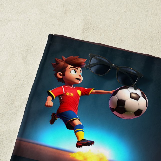 "Goal Bound: The Animated Boy's Perfect Kick" Beach Towel (In Situ)