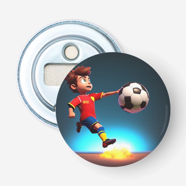 "Goal Bound: The Animated Boy's Perfect Kick" Bottle Opener (Front)