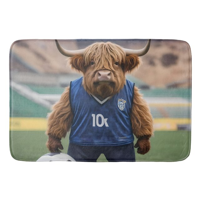 "Goal-Getter: A Highland Cow Dressed for Soccer"  Bath Mat (Front)