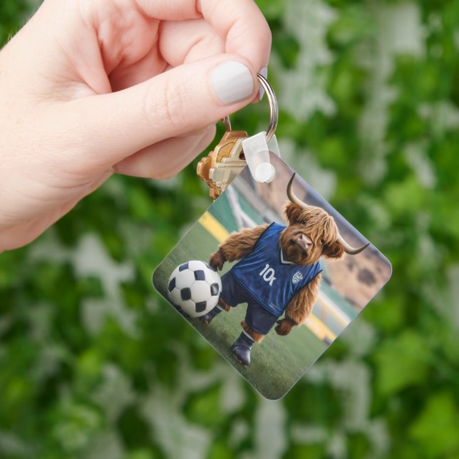 "Goal-Getter: A Highland Cow Dressed for Soccer"  Keychain (Hand)