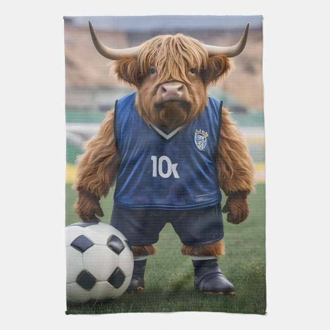 "Goal-Getter: A Highland Cow Dressed for Soccer"  Kitchen Towel (Vertical)