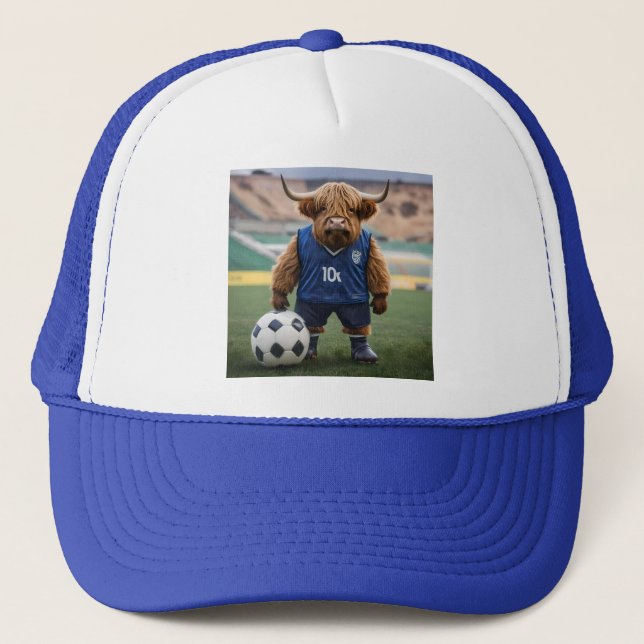 "Goal-Getter: A Highland Cow Dressed for Soccer"  Trucker Hat (Front)