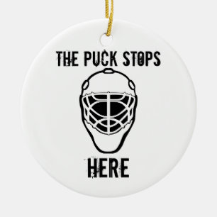 goalie-mask, the puck stops, Here Ceramic Ornament