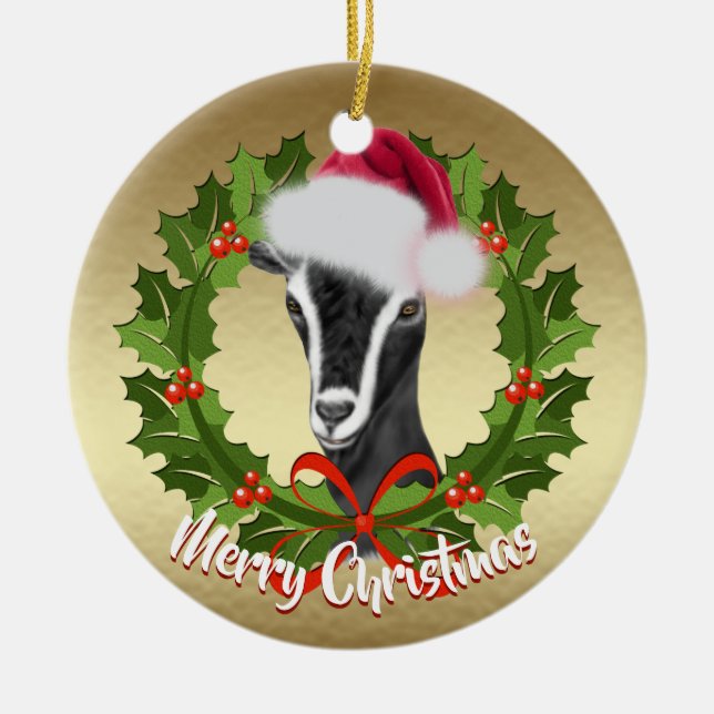 GOAT Alpine Dairy Goat Doe Santa Hat Christmas Ceramic Ornament (Front)