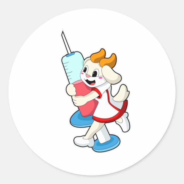 Goat as Nurse at Vaccination with Syringe Classic Round Sticker (Front)