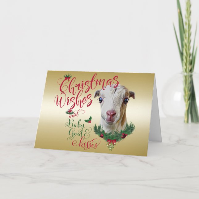 GOAT | Christmas Wishes Baby Goat Kisses LaMancha Holiday Card (Front)