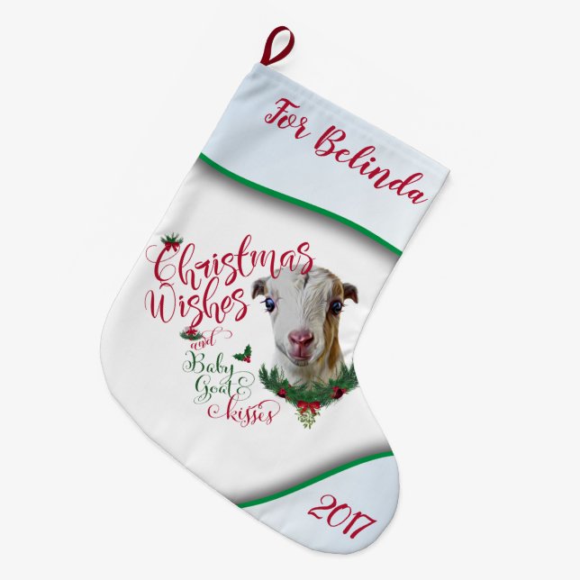 GOAT | Christmas Wishes Baby Goat Kisses LaMancha Large Christmas Stocking (Front (Hanging))