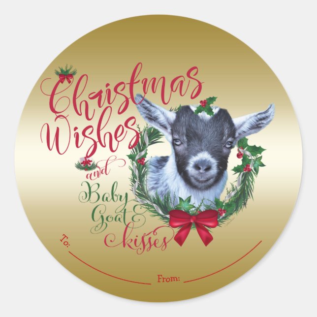 GOAT | Christmas Wishes Baby Goat Kisses Pygmy Classic Round Sticker (Front)