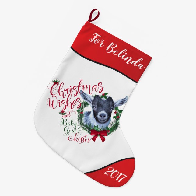 GOAT | Christmas Wishes Baby Goat Kisses Pygmy Large Christmas Stocking (Front (Hanging))