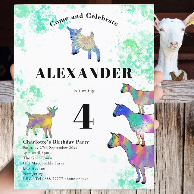 Goat Colourful Watercolor Birthday Party Invitation Postcard (Farm goat colorful watercolor 4th birthday party postcard invitation )