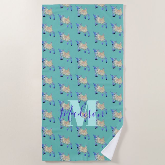 Goat Cute Teal Monogram Beach Towel (Front)