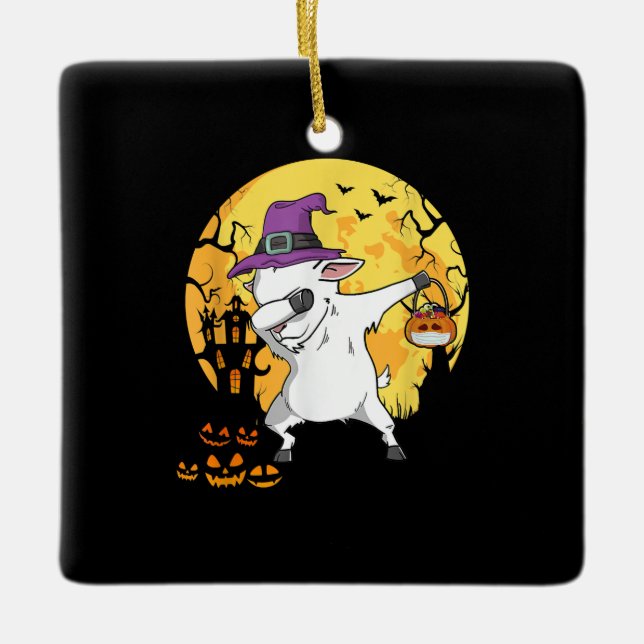 Goat Dabbing Witch Pumpkin Funny Dog Halloween Ceramic Ornament (Front)