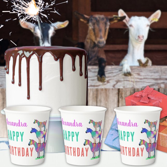 Goat Farm Animal Birthday Party Paper Cups (Cute goat stack colorful animal art custom birthday party paper cups watercolor farm animals)