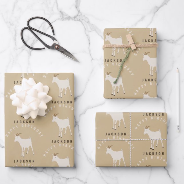 Goat Farm Animal Pattern Custom Birthday Name Wrapping Paper Sheet (Front)