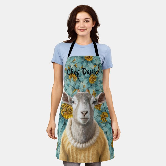 Goat Farmhouse Style Teal and Yellow Apron (Worn)
