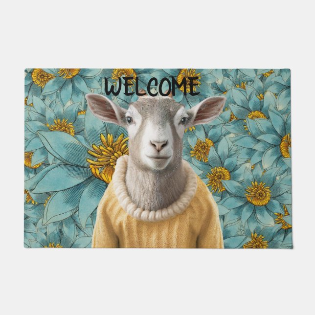 Goat Farmhouse Style Teal and Yellow Doormat (Front)