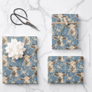 Goat Heads & Flowers on Blue Wrapping Paper Sheet