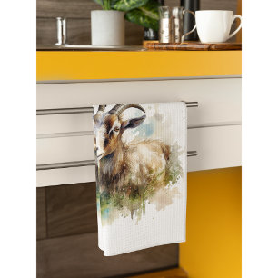 goat in a green pasture watercolor customizable kitchen towel