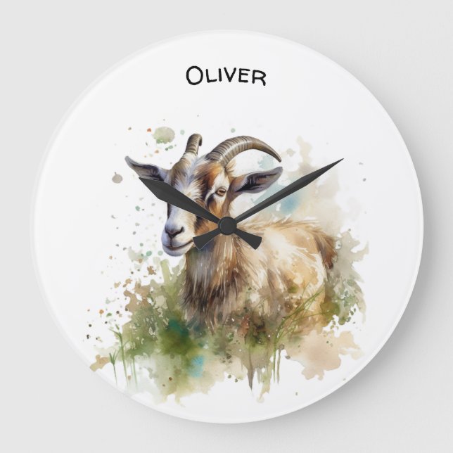 goat in a green pasture watercolor customizable large clock (Front)
