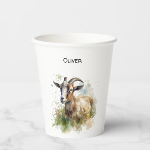 goat in a green pasture watercolor customizable paper cups