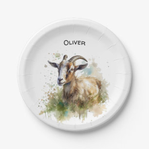 goat in a green pasture watercolor customizable paper plate