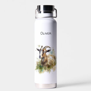 goat in a green pasture watercolor customizable water bottle