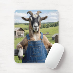 Goat in Denim Blue Bib Overalls Mouse Pad