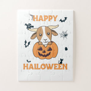 Goat In Pumpkin Cute Goats Happy Halloween Jigsaw Puzzle