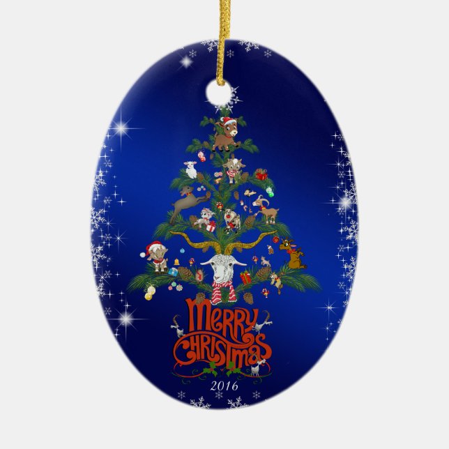 GOAT LOVERS Xmas Gift  | Merry Christmas Goat tree Ceramic Ornament (Front)