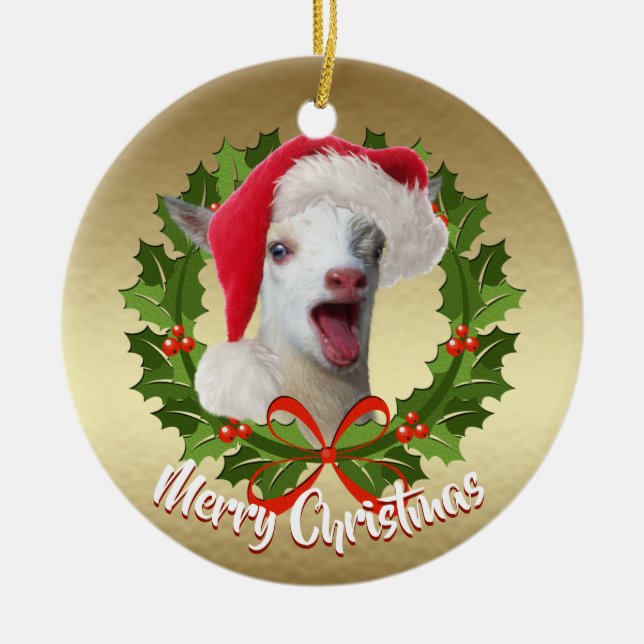GOAT Nigerian Dwarf  Kid Santa Hat Christmas Ceramic Ornament (Front)