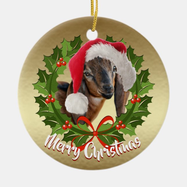 GOAT Nubian Doe Kid Santa Hat Christmas Ornament (Front)
