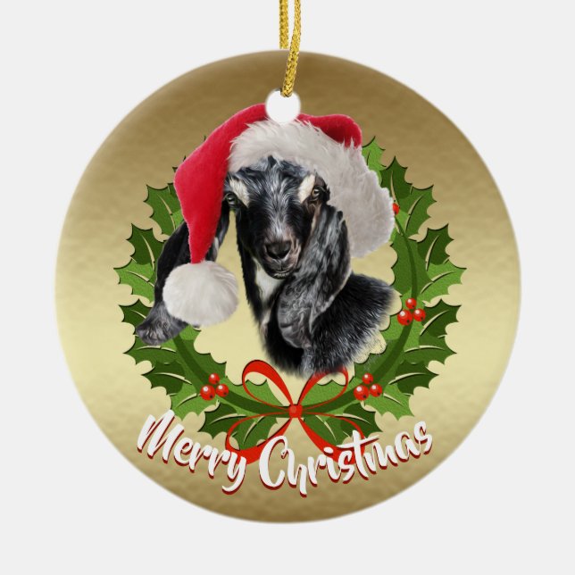 GOAT Nubian Kid Santa Hat Christmas Ornament (Front)