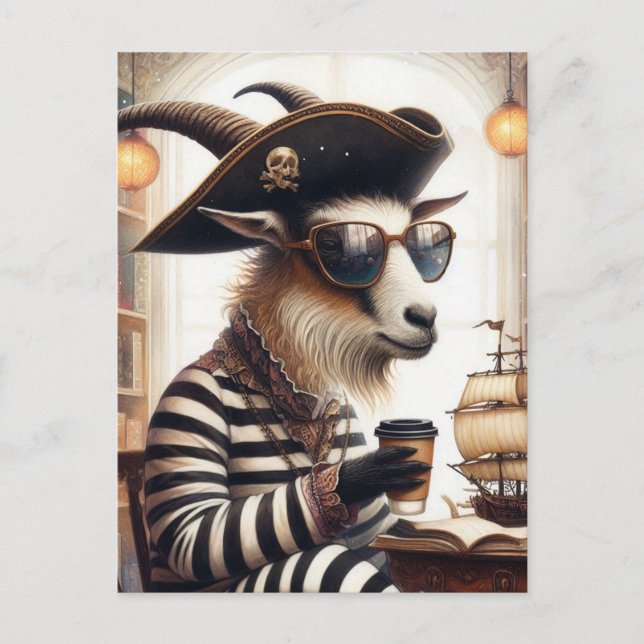 Goat pirate drinking coffee postcard (Front)