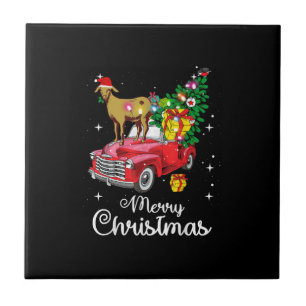 Goat Rides Red Car Christmas Tile