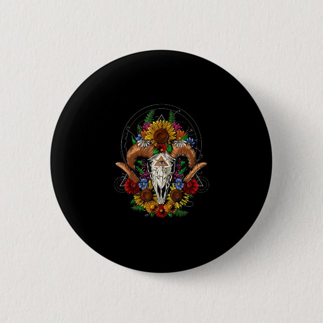 Goat Skull Psychedelic Sunflowers 2 Inch Round Button (Front)