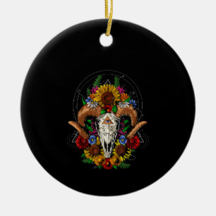 Goat Skull Psychedelic Sunflowers Ceramic Ornament