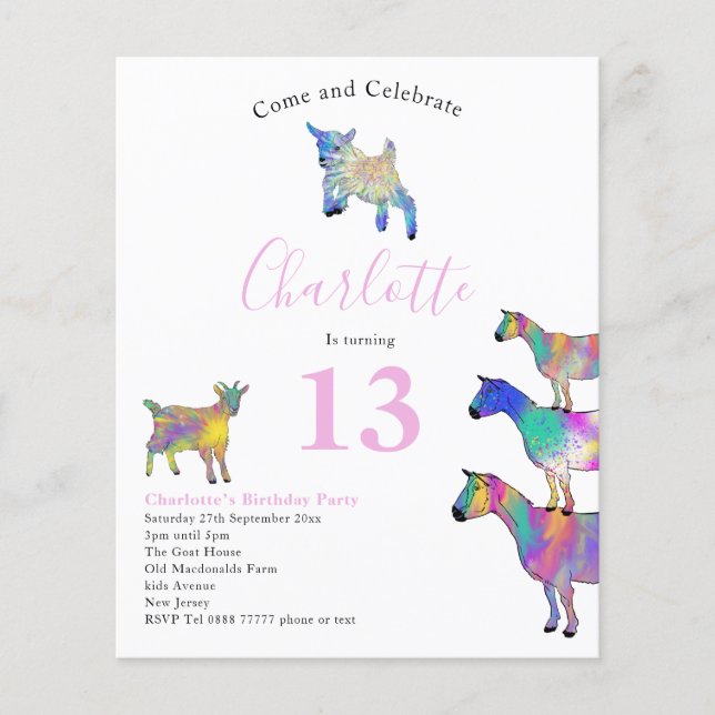 Goat Themed Birthday Party Pink Budget Flyer (Front)