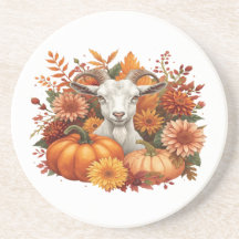 Goat with Autumn Blooms & Pumpkins