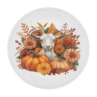 Goat with Autumn Blooms & Pumpkins Cutting Board