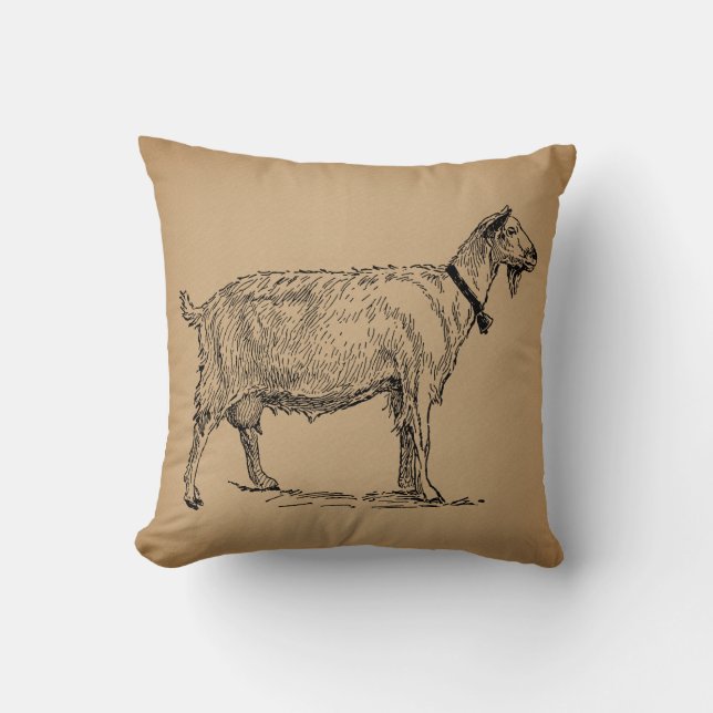 Goat with Bell Illustration Antique Aged Brown Throw Pillow (Front)