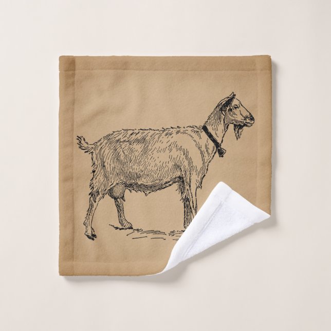 Goat with Bell Illustration Antique Aged Brown Wash Cloth (Wash Cloth)