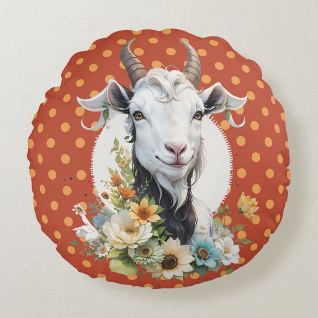 Goat with flowers on polka dots background  round pillow (Front)