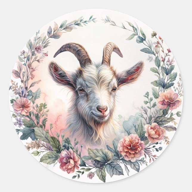 Goat Within Floral Wreath Watercolor Classic Round Sticker (Front)