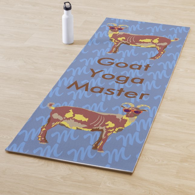 Goat Yoga Brown On Blue With Background Monogram Mat (In Situ)