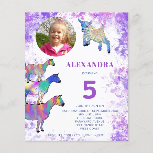 Goats 5th Birthday Photo Purple Budget invitation  Flyer (Front)