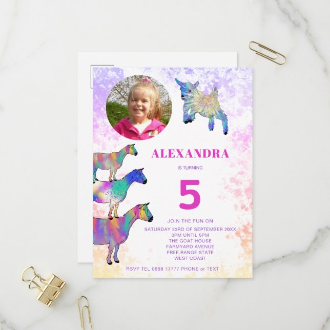 Goats colourful 5th Birthday Photo Pink  Invitation Postcard (Front/Back In Situ)