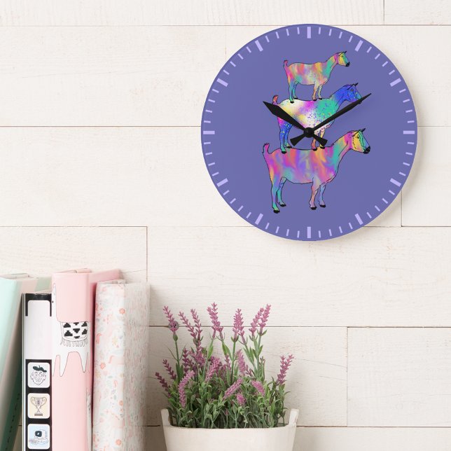 Goats colourful cute illustration  large clock (Cute goats colorful farm animal art purple wall clock)