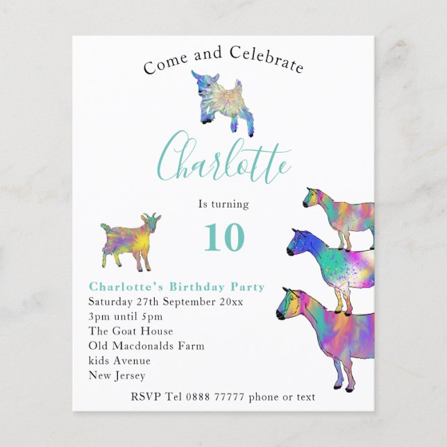 Goats Cute Colourful Animals 10th Birthday Budget Flyer (Front)