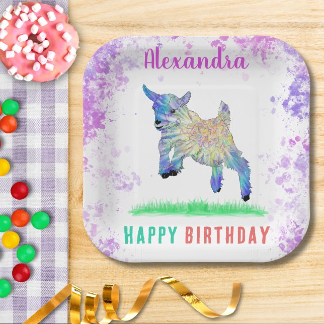 Goats Farm Animal Themed Birthday Party Paper Plate (Cute goat farm animal birthday party paper plate colorful watercolor animal art)